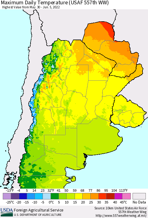 Southern South America Maximum Daily Temperature (USAF 557th WW) Thematic Map For 5/30/2022 - 6/5/2022