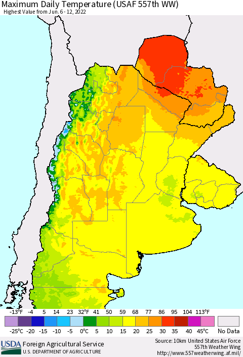 Southern South America Maximum Daily Temperature (USAF 557th WW) Thematic Map For 6/6/2022 - 6/12/2022