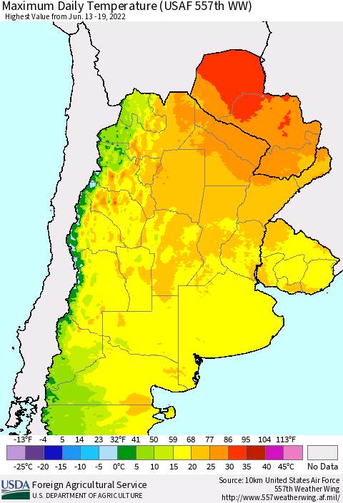 Southern South America Maximum Daily Temperature (USAF 557th WW) Thematic Map For 6/13/2022 - 6/19/2022