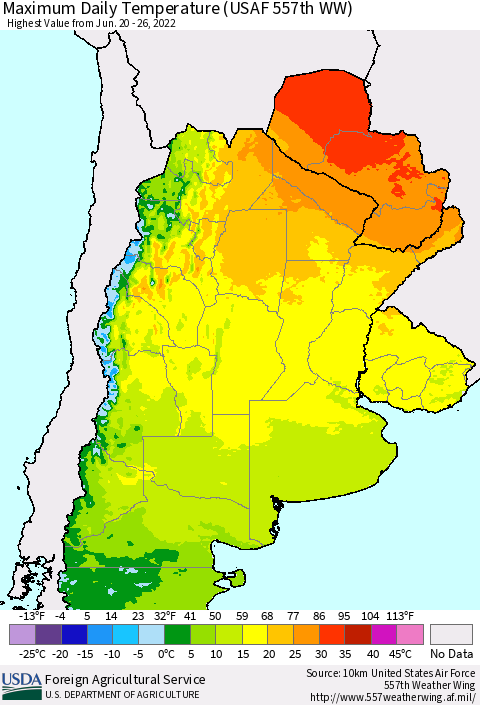 Southern South America Maximum Daily Temperature (USAF 557th WW) Thematic Map For 6/20/2022 - 6/26/2022