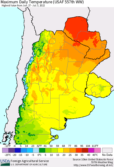 Southern South America Maximum Daily Temperature (USAF 557th WW) Thematic Map For 6/27/2022 - 7/3/2022