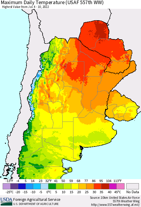 Southern South America Maximum Daily Temperature (USAF 557th WW) Thematic Map For 7/4/2022 - 7/10/2022