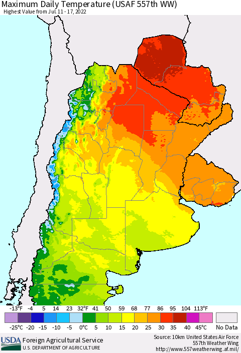 Southern South America Maximum Daily Temperature (USAF 557th WW) Thematic Map For 7/11/2022 - 7/17/2022