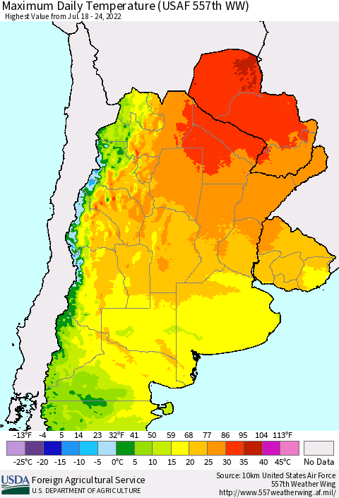 Southern South America Maximum Daily Temperature (USAF 557th WW) Thematic Map For 7/18/2022 - 7/24/2022