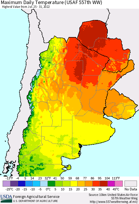 Southern South America Maximum Daily Temperature (USAF 557th WW) Thematic Map For 7/25/2022 - 7/31/2022