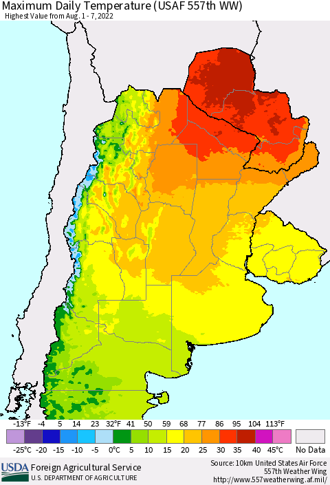 Southern South America Maximum Daily Temperature (USAF 557th WW) Thematic Map For 8/1/2022 - 8/7/2022