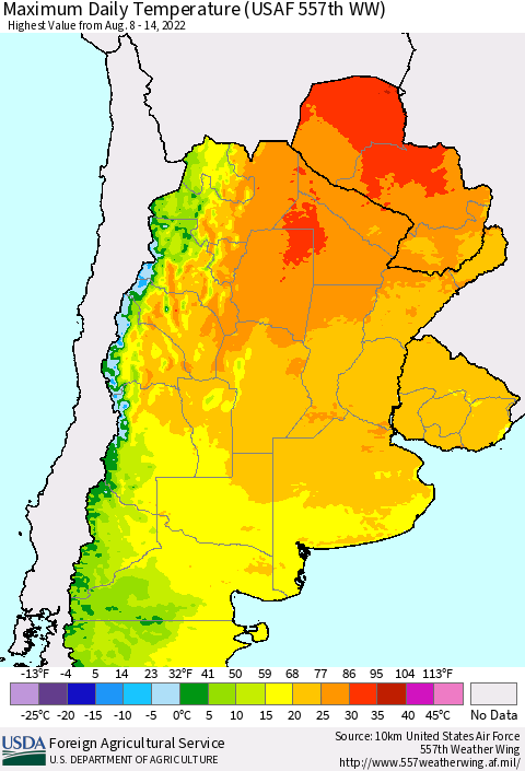 Southern South America Maximum Daily Temperature (USAF 557th WW) Thematic Map For 8/8/2022 - 8/14/2022