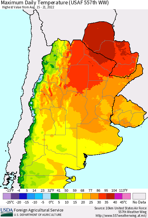 Southern South America Maximum Daily Temperature (USAF 557th WW) Thematic Map For 8/15/2022 - 8/21/2022