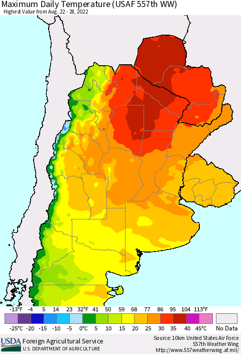 Southern South America Maximum Daily Temperature (USAF 557th WW) Thematic Map For 8/22/2022 - 8/28/2022