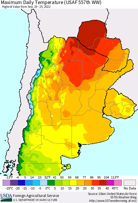 Southern South America Maximum Daily Temperature (USAF 557th WW) Thematic Map For 9/19/2022 - 9/25/2022