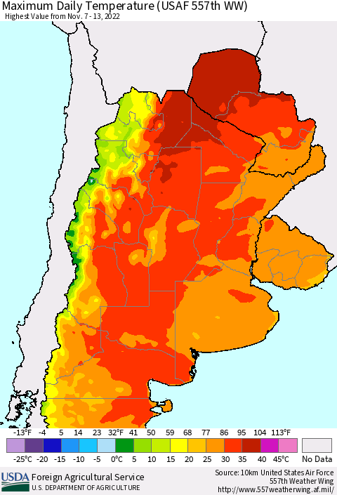 Southern South America Maximum Daily Temperature (USAF 557th WW) Thematic Map For 11/7/2022 - 11/13/2022