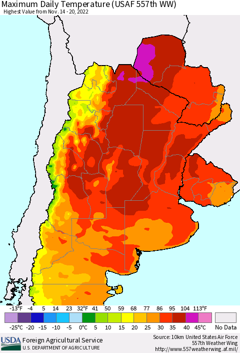 Southern South America Maximum Daily Temperature (USAF 557th WW) Thematic Map For 11/14/2022 - 11/20/2022