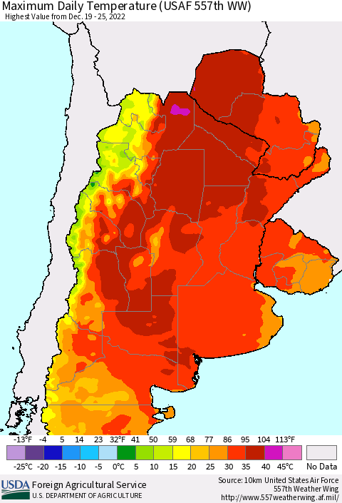 Southern South America Maximum Daily Temperature (USAF 557th WW) Thematic Map For 12/19/2022 - 12/25/2022