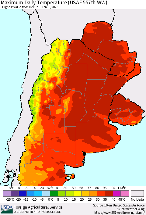 Southern South America Maximum Daily Temperature (USAF 557th WW) Thematic Map For 12/26/2022 - 1/1/2023