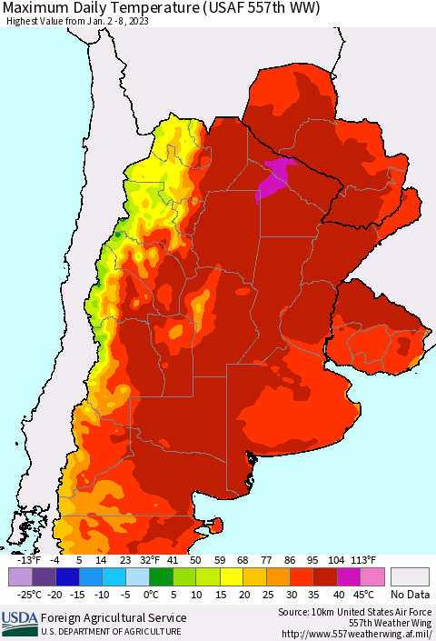 Southern South America Maximum Daily Temperature (USAF 557th WW) Thematic Map For 1/2/2023 - 1/8/2023