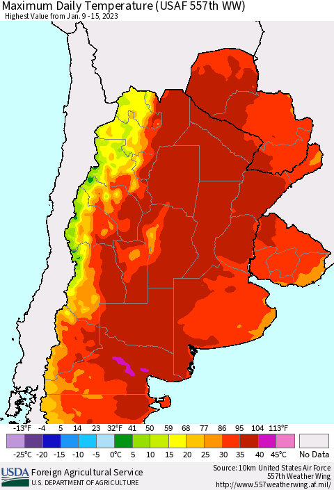 Southern South America Maximum Daily Temperature (USAF 557th WW) Thematic Map For 1/9/2023 - 1/15/2023