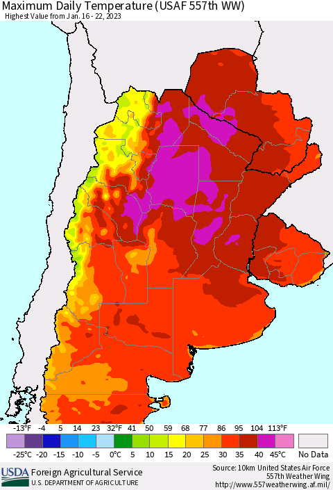 Southern South America Maximum Daily Temperature (USAF 557th WW) Thematic Map For 1/16/2023 - 1/22/2023