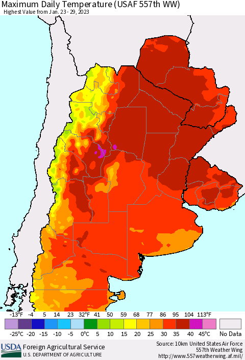 Southern South America Maximum Daily Temperature (USAF 557th WW) Thematic Map For 1/23/2023 - 1/29/2023