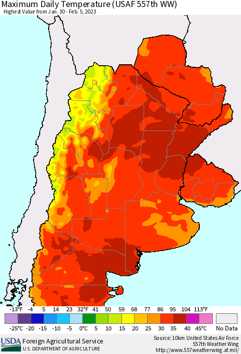 Southern South America Maximum Daily Temperature (USAF 557th WW) Thematic Map For 1/30/2023 - 2/5/2023