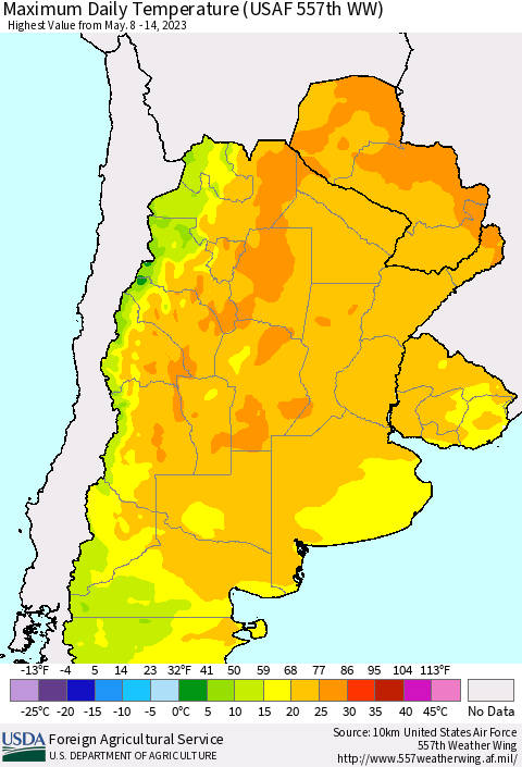 Southern South America Maximum Daily Temperature (USAF 557th WW) Thematic Map For 5/8/2023 - 5/14/2023
