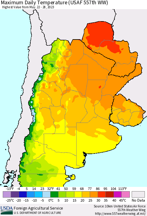 Southern South America Maximum Daily Temperature (USAF 557th WW) Thematic Map For 5/22/2023 - 5/28/2023