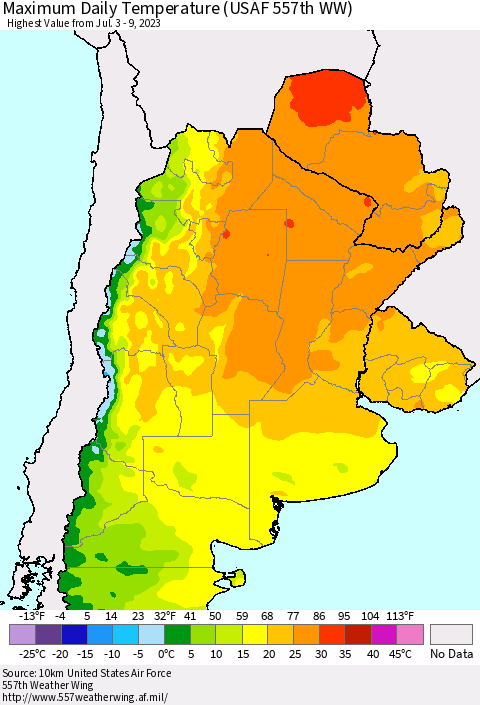 Southern South America Maximum Daily Temperature (USAF 557th WW) Thematic Map For 7/3/2023 - 7/9/2023