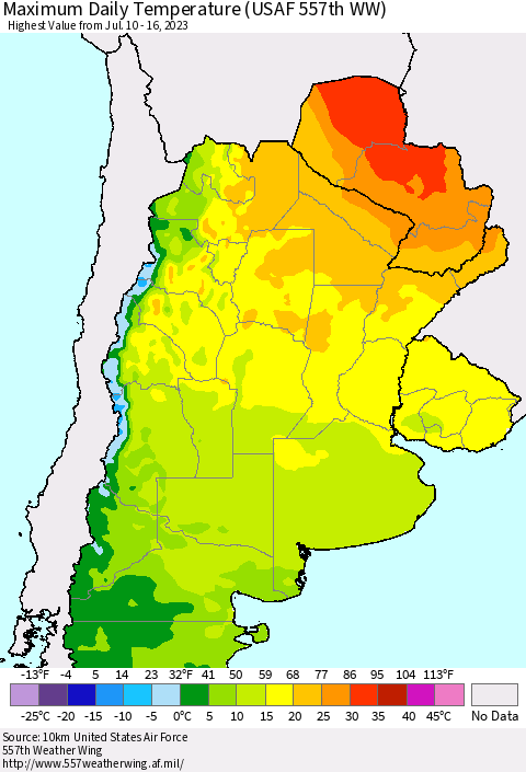 Southern South America Maximum Daily Temperature (USAF 557th WW) Thematic Map For 7/10/2023 - 7/16/2023