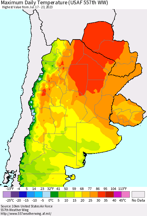 Southern South America Maximum Daily Temperature (USAF 557th WW) Thematic Map For 7/17/2023 - 7/23/2023