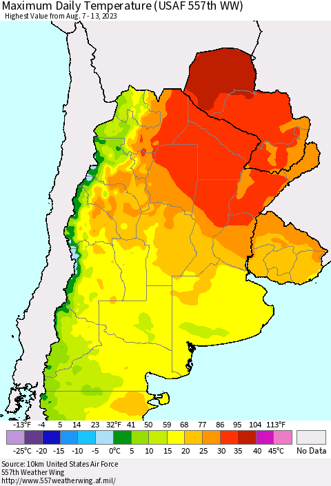 Southern South America Maximum Daily Temperature (USAF 557th WW) Thematic Map For 8/7/2023 - 8/13/2023