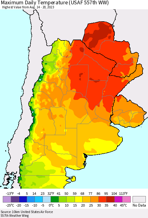 Southern South America Maximum Daily Temperature (USAF 557th WW) Thematic Map For 8/14/2023 - 8/20/2023