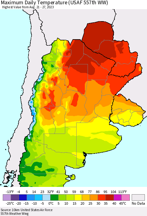 Southern South America Maximum Daily Temperature (USAF 557th WW) Thematic Map For 8/21/2023 - 8/27/2023