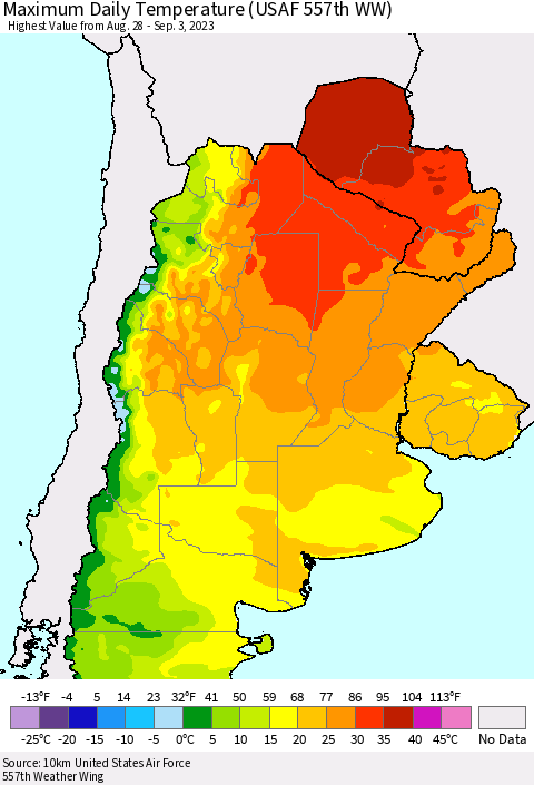 Southern South America Maximum Daily Temperature (USAF 557th WW) Thematic Map For 8/28/2023 - 9/3/2023