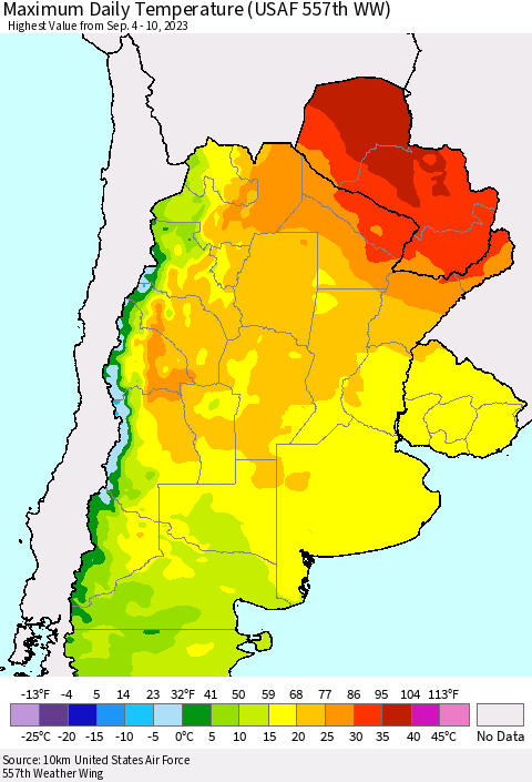 Southern South America Maximum Daily Temperature (USAF 557th WW) Thematic Map For 9/4/2023 - 9/10/2023
