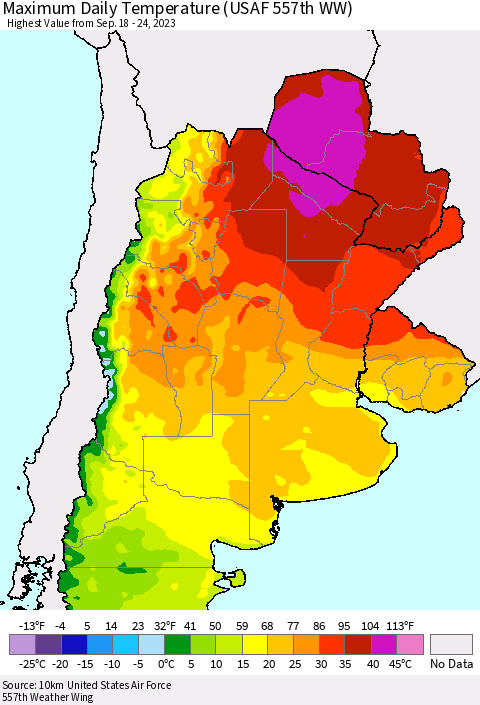 Southern South America Maximum Daily Temperature (USAF 557th WW) Thematic Map For 9/18/2023 - 9/24/2023