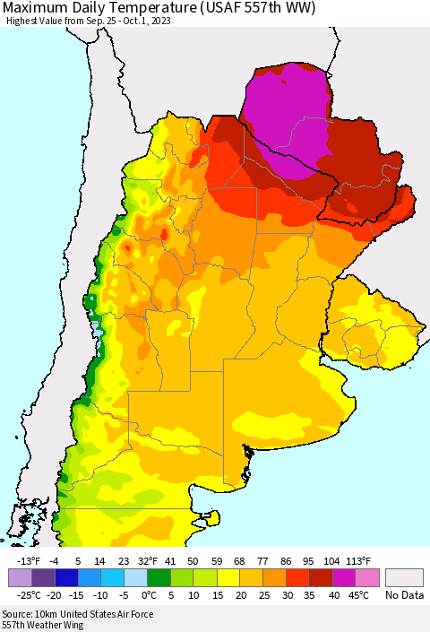 Southern South America Maximum Daily Temperature (USAF 557th WW) Thematic Map For 9/25/2023 - 10/1/2023
