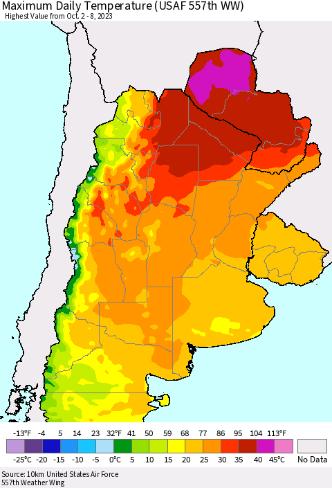 Southern South America Maximum Daily Temperature (USAF 557th WW) Thematic Map For 10/2/2023 - 10/8/2023