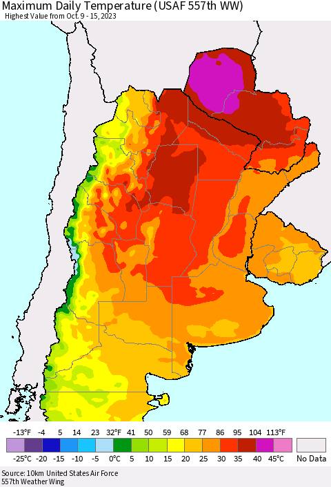 Southern South America Maximum Daily Temperature (USAF 557th WW) Thematic Map For 10/9/2023 - 10/15/2023