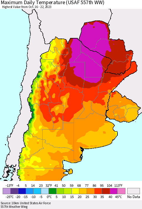 Southern South America Maximum Daily Temperature (USAF 557th WW) Thematic Map For 10/16/2023 - 10/22/2023