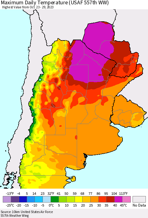 Southern South America Maximum Daily Temperature (USAF 557th WW) Thematic Map For 10/23/2023 - 10/29/2023