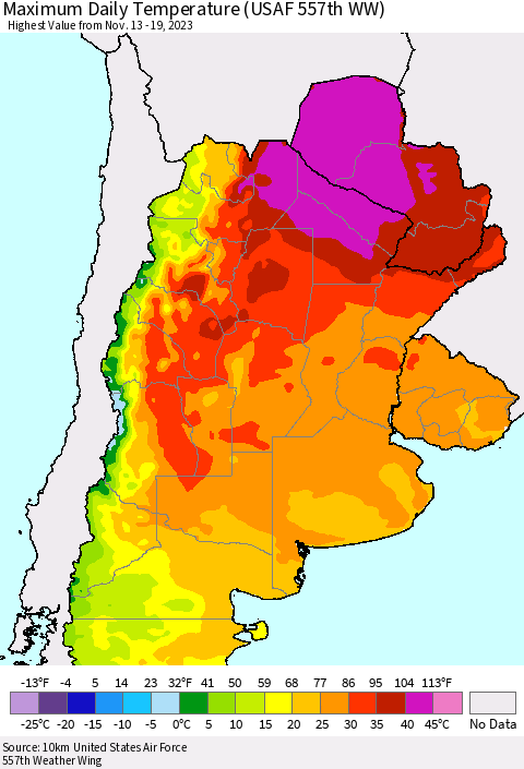 Southern South America Maximum Daily Temperature (USAF 557th WW) Thematic Map For 11/13/2023 - 11/19/2023
