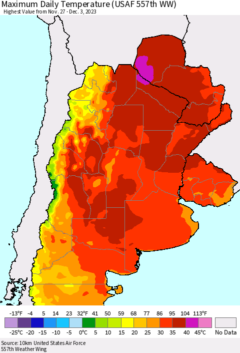 Southern South America Maximum Daily Temperature (USAF 557th WW) Thematic Map For 11/27/2023 - 12/3/2023