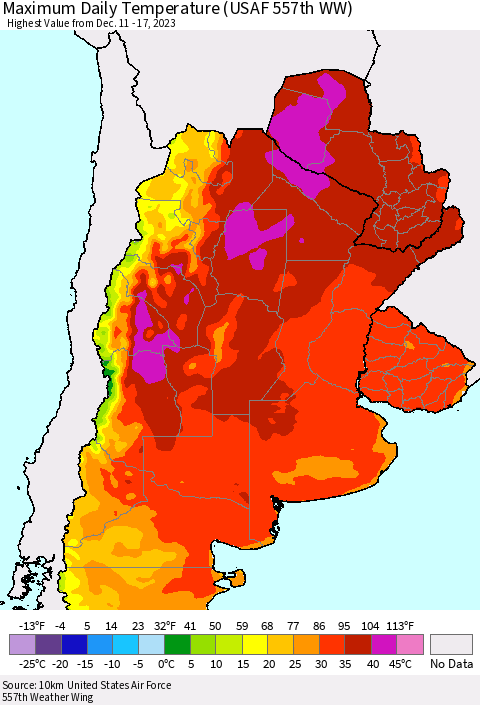 Southern South America Maximum Daily Temperature (USAF 557th WW) Thematic Map For 12/11/2023 - 12/17/2023