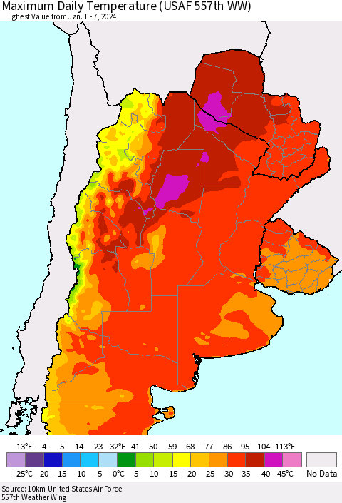 Southern South America Maximum Daily Temperature (USAF 557th WW) Thematic Map For 1/1/2024 - 1/7/2024
