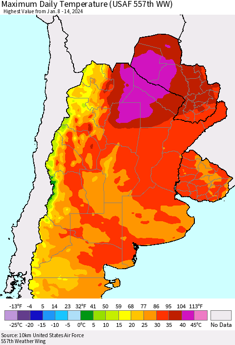 Southern South America Maximum Daily Temperature (USAF 557th WW) Thematic Map For 1/8/2024 - 1/14/2024