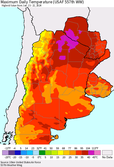 Southern South America Maximum Daily Temperature (USAF 557th WW) Thematic Map For 1/15/2024 - 1/21/2024
