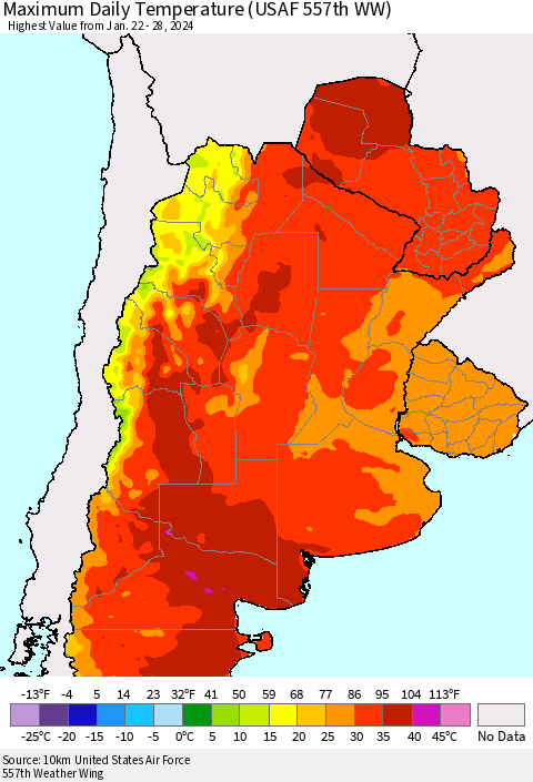 Southern South America Maximum Daily Temperature (USAF 557th WW) Thematic Map For 1/22/2024 - 1/28/2024