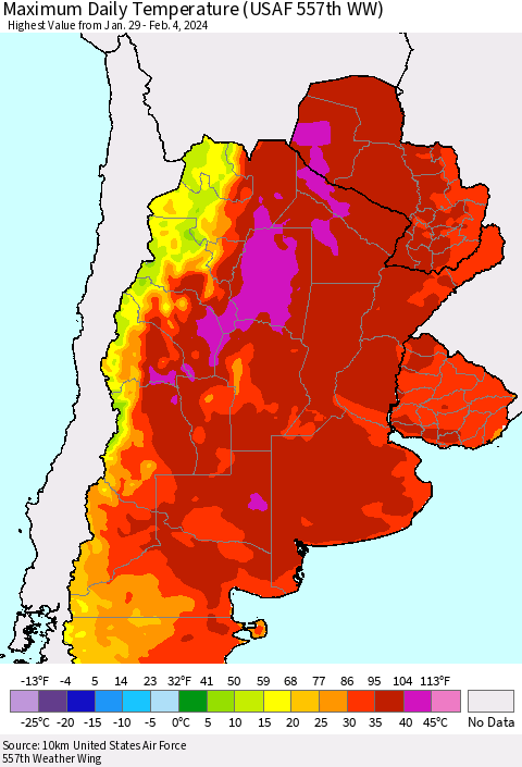 Southern South America Maximum Daily Temperature (USAF 557th WW) Thematic Map For 1/29/2024 - 2/4/2024