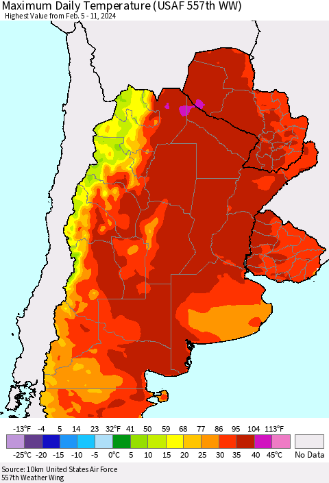 Southern South America Maximum Daily Temperature (USAF 557th WW) Thematic Map For 2/5/2024 - 2/11/2024