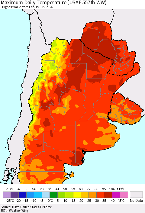 Southern South America Maximum Daily Temperature (USAF 557th WW) Thematic Map For 2/19/2024 - 2/25/2024