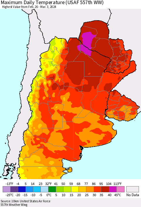 Southern South America Maximum Daily Temperature (USAF 557th WW) Thematic Map For 2/26/2024 - 3/3/2024